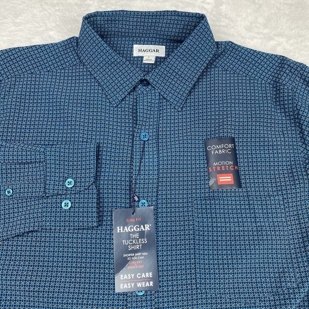 HAGGAR Tuckless Shirt Mens‎ Large Blue Geometric Slim Fit Stretch New w/Tags!
